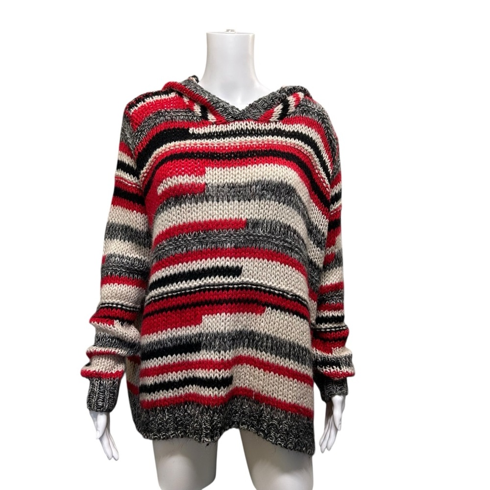 Elan Stripe Hoodie Loose Knit Sweater Red Black Size M
